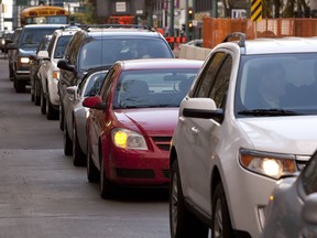 EDMONTON ALTA.: OCTOBER 3, 2012--Traffic on Jasper near 102 Street is backed up during rush  hour on October 3, 2012 in Edmonton. Greg Southam/ Edmonton Journal