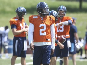 Toronto Argos James Franklin QB (2) looks up the field  during practice in Toronto, Ont. on Wednesday May 30, 2018. Jack Boland/Toronto Sun/Postmedia Network