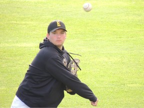 Edmonton Prospects first baseman Beaux Guilbeau warms up prior to a Western Major Baseball League game earlier this season.