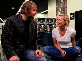Renee Young interviewing WWE Superstar Dean Ambrose, who also happens to be her husband.