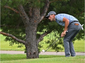 Jake Kevorkian from Florida, watches his shot after hitting and landing next to a tree. He managed a par on the last hole and now is tied for the lead at 6-under par during the first round of Oil Country Championship at the Edmonton Petroleum Golf Club, August 2, 2018.