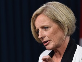 Alberta Premier Rachel Notley speaks after the Federal Court of Appeal has quashed construction approvals to build the Trans Mountain pipeline expansion project during a news conference at the Alberta Legislature, Thrusday, Aug. 30, 2018.