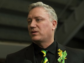 Kevin Garinger, president of the Humboldt Broncos, speaks to the media following a public memorial for Edmonton-area Humboldt Broncos players Jaxon Joseph, Logan Hunter, Parker Tobin and Stephen Wack at Rogers Place in Edmonton Tuesday April 17, 2018. Photo by David Bloom