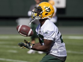 Shaq Cooper takes part in the second day of the Edmonton Eskimos training camp at Commonwealth Stadium in Edmonton on May 21, 2018.