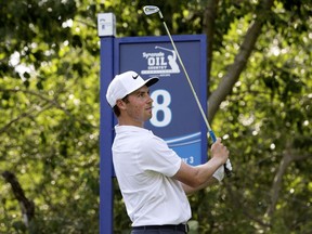 Ben Griffin tees off on the 8th hole during the 2018 Syncrude Oil Country Championship Celebrity Pro-Am at the Petroleum Golf and Country Club, Tuesday July 31, 2018. Photo by David Bloom