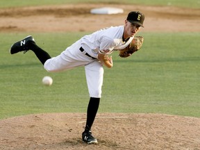 Edmonton Prospects' Rich Walker pitches against the Okotoks Dawgs at Remax Field, in Edmonton Friday Aug. 3, 2018. Photo by David Bloom