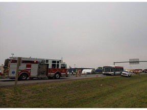 Officials said a truck collided with a group of about 15 cyclists on the 17 Street ramp as they were exiting eastbound towards Sherwood Park at around 10 a.m.