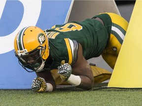 Edmonton Eskimos receiver D'haquille Williams celebrates his touchdown on the Montreal Alouettes  during first half CFL action in Edmonton August 18, 2018.