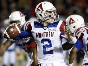 Montreal Alouettes quarterback Johnny Manziel (2) makes a pass during first half CFL action against the Ottawa Redblacks in Ottawa on Aug. 11, 2018.