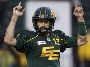 Edmonton Eskimos quarterback Mike Reilly  calls the play against the Toronto Argonauts during CFL action in Edmonton on July 13, 2018.