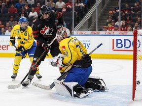 Canada's Kirby Dach (17) looks on as teammate Matthew Robertson (3), not pictured, scores on Sweden's goaltender Jesper Wallstedt (30) during third period Hlinka Gretzky Cup action in Edmonton on August 8, 2018. Canada won 4-3.