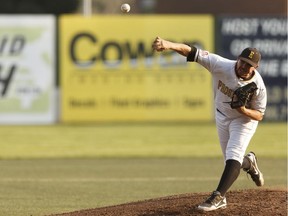 Edmonton Prospects pitcher Michael Gahan pitches against the Swift Current 57s during a Western Major Baseball League playoff game at RE/MAX Field in Edmonton on Aug. 15, 2017.