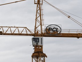 A PCL Construction crane is seen during a construction media tour of ICE District's latest developments: Edmonton Tower, JW Marriott Hotel-Legends Private Residences and Stantec Tower and SKY Residences in Edmonton, Alberta on Tuesday, September 12, 2017.