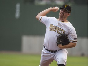 Starting pitcher Connor Burns of the Edmonton Prospects against the Medicine Hat Mavericks at Re/Max Field in Edmonton on August 8, 2018.