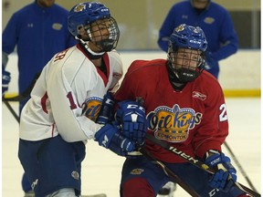Dylan Guenther (left) and Keagan Slaney (right) participated at the Edmonton Oil Kings development camp in Edmonton on June 2, 2018.