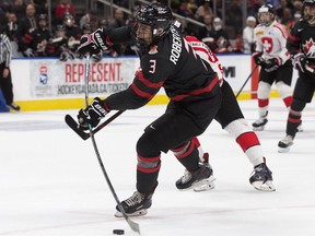 Team Canada's Matthew Robertson (3) scores on Team Switzerland during second period action at the 2018 Hlinka Gretzky Cup at Rogers Place, in Edmonton Monday Aug. 6, 2018.