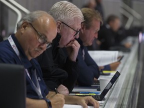 Scouts prepare for the Team Canada and Team Switzerland game to begin at the 2018 Hlinka Gretzky Cup at Rogers Place, in Edmonton Monday Aug. 6, 2018.