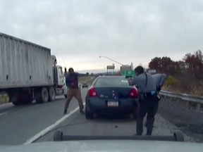 Screengrab of dashcam footage from a November roadside battle between Daniel Clary, of Effort, Pa., and state troopers who pulled him over for speeding.