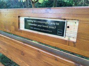 In 1997, this bench in Edmonton's Queen Elizabeth Park bore a commemorative plaque for Nora May Crossley (Dalton) who died in 1996. Her daughter received a notice from the City of Edmonton in May 2018 saying she had to pay another $2,500 to keep her mother's name on the bench. When she said she wouldn't pay, they replaced the plaque with this advertisement.
