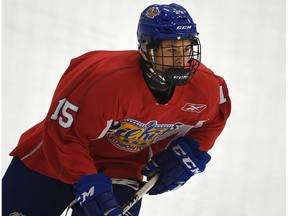 Edmonton Oil Kings prospect Dylan Guenther in the annual Red and White intrasquad game during training camp at the Downtown Community Arena in Edmonton, August 29, 2018.