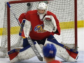 Edmonton Oil Kings goalie Boston Bilous (1) in the annual Red and White intrasquad game during training camp at the Downtown Community Arena in Edmonton, August 29, 2018.