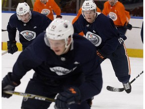 Tyler Benson (#49) takes part in the Edmonton Oilers rookie camp at Rogers Place, in Edmonton Monday Sept. 10, 2018.