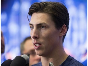 Ryan Nugent-Hopkins speaks to the media during the opening day of the Edmonton Oiler's training camp at Rogers Place, Thursday Sept. 13, 2018. Photo by David Bloom
