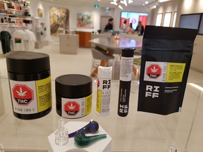 These are examples of the small containers in which legal, AGLC-approved cannabis will be sold in Alberta come October 17, 2018.  Photos by GRAHAM HICKS/EDMONTON SUN