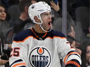 Darnell Nurse of the Edmonton Oilers reacts after scoring an overtime goal against the Vegas Golden Knights to win their game 3-2 at T-Mobile Arena on Jan. 13, 2018, in Las Vegas.