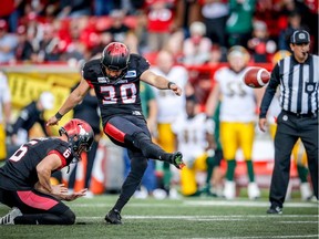 Calgary Stampeders Rene Paredes kicks the game-winning field goal,  beating the Edmonton Eskimos 23-20 during the Labour Day Classic in Calgary on Monday, September 3, 2018.