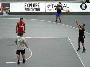 Vaso Aleksic, Nebojsa Kilijan, Petar Perunovic and Marko Stojanovic from the Serbian team Ralja Intergalactic practise at West Edmonton Mall on Friday Septemeber 21, 2018 in preparation for FIBA 3x3 Challenger international basketball tournament at the mall this weekend. The sport will be an event at the 2020 summer Olympic Games in Tokyo, Japan.