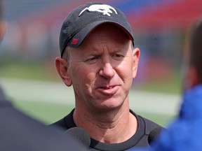 Calgary Stampeders head coach Dave Dickinson speaks with the media at the Calgary Stampeders rookie camp on Thursday May 25, 2017.  Gavin Young/Postmedia Network