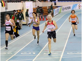 Ottawa's Wendy Alexis, left, won silver medals in both the women's 60-64 age group 60- and 200-metre finals at the world masters indoor athletics championships in Daegu, Korea, while Toronto's Karla Del Grande, lane 4, captured two gold medals on April 3, 2017. The 2021 championships will be held in Edmonton.