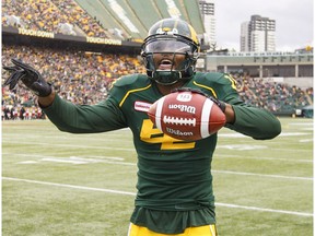 Edmonton Eskimos D'haquille Williams (81) celebrates a touchdown against the Calgary Stampeders during first half CFL action in Edmonton, Alta., on Saturday September 8, 2018.