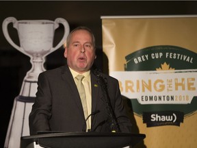 Len Rhodes, President and CEO of the Edmonton Eskimos speaks during a pass conference to announce the festival lineup at the 2018 Grey Cup , taken on Wednesday, Sept. 19, 2018 in Edmonton.