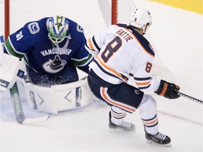 Edmonton Oilers right wing Ty Rattie (8) sends a shot past Vancouver Canucks goaltender Anders Nilsson (31) during third period NHL pre-season action at Rogers Arena in Vancouver, Tuesday, Sept, 18, 2018.