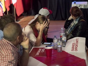New Brunswick Liberal supporters react while watching election results at leader Brian Gallant's election-night headquarters in Grande-Digue, N.B. on Monday, Sept. 24, 2018.