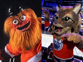 Who is scarier: Philadelphia Flyers' mascot Gritty, left, or the Edmonton Oilers' Hunter?