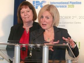 Alberta Premier Rachel Notley is joined by Energy Minister Marg McCuaig-Boyd as she speaks to media after giving her keynote speech at the 2018 International Pipeline Conference held at the Hyatt Regency in downtown Calgary on Tuesday, Sept. 25, 2018.