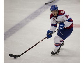 Edmonton Oil Kings Vince Loschiavo handles the puck against the Red Deer Rebels during third period WHL action at Servus Credit Union Place on Friday, Sept. 14, 2018 in St. Albert.