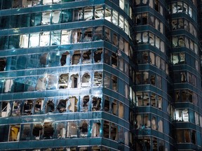 Windows of commercial building damaged by typhoon on Sept. 16, 2018 in Hong Kong.