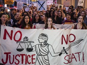 Protestors march through midtown Manhattan as they rally against Supreme Court nominee Judge Brett Kavanaugh, October 1, 2018 in New York City.