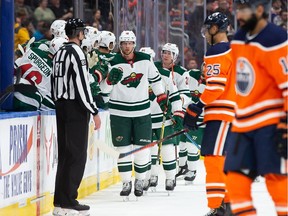 Eric Staal #12 of the Minnesota Wild celebrates a goal against the Edmonton Oilers at Rogers Place on October 30, 2018 in Edmonton, Alberta, Canada.