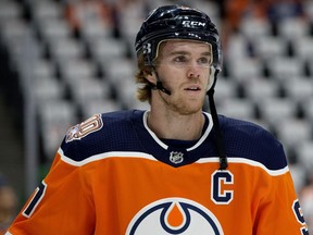 The Edmonton Oilers' Connor McDavid takes part in a pre-game skate prior to the home opener against the Boston Bruins at Rogers Place, Thursday, Oct. 18, 2018.