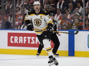 Boston Bruins' Zdeno Chara (33) during first period NHL action against the Edmonton Oilers at Rogers Place, in Edmonton Thursday Oct. 18, 2018.