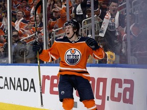 The Edmonton Oilers' Kailer Yamamoto (56) celebrates his goal against the Boston Bruins during second period NHL action at Rogers Place, in Edmonton Thursday Oct. 18, 2018.