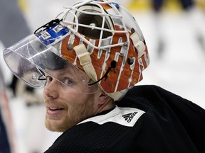 Mikko Koskinen takes part in an Edmonton Oilers practice at Rogers Place, in Edmonton Friday Oct. 26, 2018. Photo by David Bloom