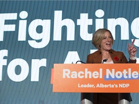 Alberta Premier Rachel Notley delivers her speech at the NDP convention, in Edmonton on Sunday, Oct. 28, 2018.