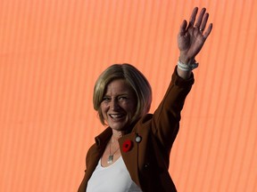 Alberta Premier Rachel Notley finishes her speech at the Alberta NDP convention at the Westin Hotel in Edmonton on Sunday, Oct. 28, 2018.