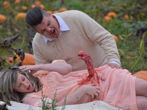 Todd and Nicole Cameron pose in this recent birth announcement photo at a pumpkin patch in Yellow Point, B.C. In Ridley Scott's 1979 classic, "Alien," the crew of the Nostromo begin a voyage carrying with new being unbeknownst to them. Thirty-nine years later, Todd and Nicole Cameron of Nanaimo, British Columbia, wanted to tell their friends and family that they too will embark on a voyage with a new being. THE CANADIAN PRESS/HO - Li Carter